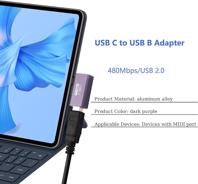 SinLoon 2 Pack USB C to USB B Adapter Type C to MIDI Convert Connector Type C Male to USB B Female Printer Adapter for Eectric Piano DAC,Synthesizer,DJ Controller,Keyboard,Printer (90 Degree)