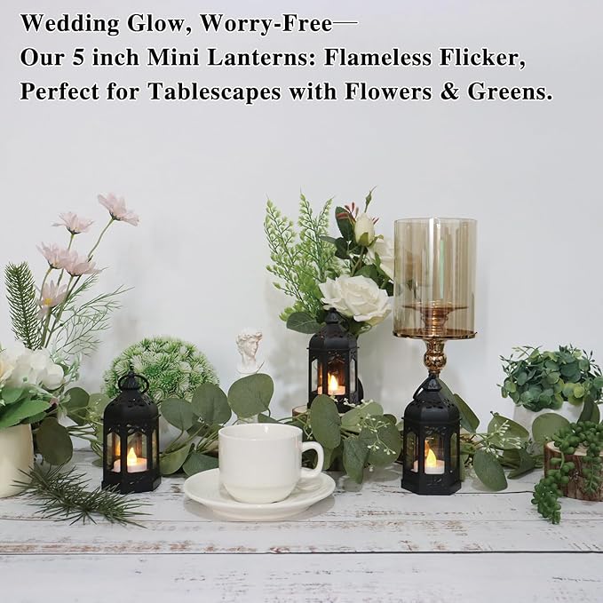 LLQ 12Pcs Mini Lanterns with Small LED Candle, Ramadan Lanterns Decorative Indoor, Vintage Black Lantern for Ramadan EID Decorations Halloween Christmas Wedding Table Centerpiece, Battery Included