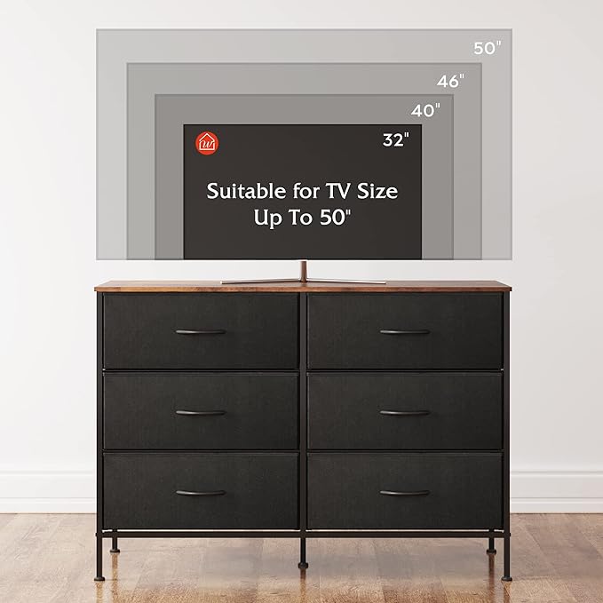 WLIVE Wide Dresser with 6 Drawers, TV Stand for 50 Inches TV, Entertainment Center with Metal Frame, Wooden Top, Fabric Storage Dresser for Bedroom, Hallway, Entryway, Black and Rustic Brown