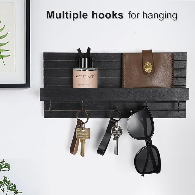 Decorative Key Holder for Wall with Shelf, Entryway Shelf with Hooks Holds Leashes, Jackets and Glasses – Sturdy Wood Keyholder Entrance Hanger with Mounting Hardware (Black, Medium)