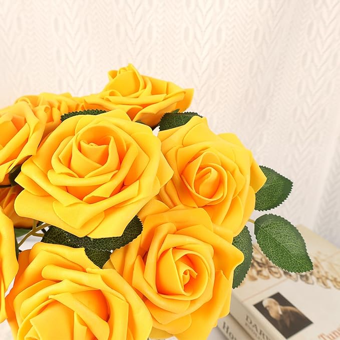 MACTING Artificial Yellow Flowers 30PCS Real Touch Fake Rose Flowers Soft Foam Roses with Stem for Floral Arrangement DIY Table Centerpieces Wedding Bouquet Party Holiday Home Fall Decorations