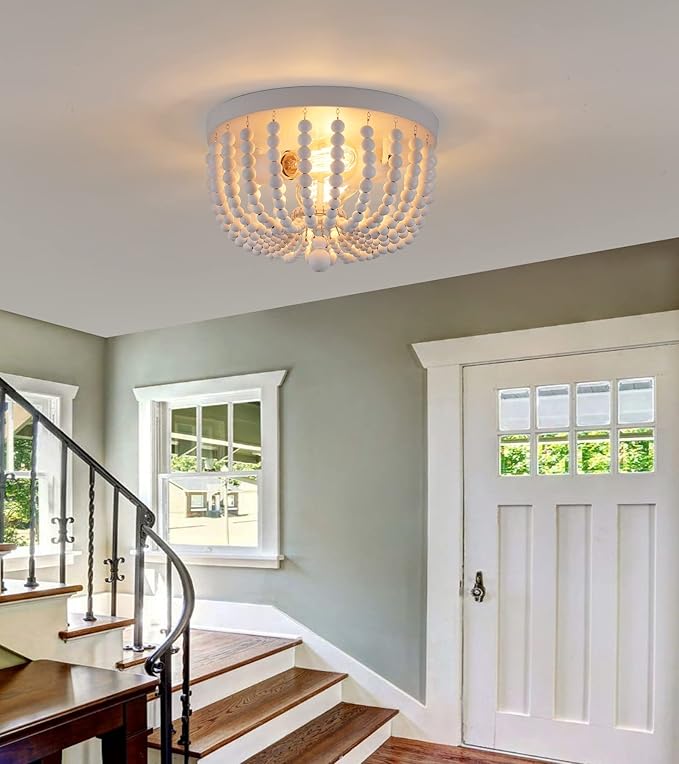Q&S White Flush Mount Ceiling Light Fixtures,2-Lights Wood Beaded Boho Chandeliers for Nursery Baby Bedroom Dining Room Living Room Kitchen Hallway W11.81