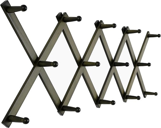 SKOLOO Hat Rack for Wall with 14 Hooks, Solid Wooden, Modern, Expandable Coat Rack Wall Mount for Coats, Hats, Bags, Baseball Caps, Dark Walnut Color