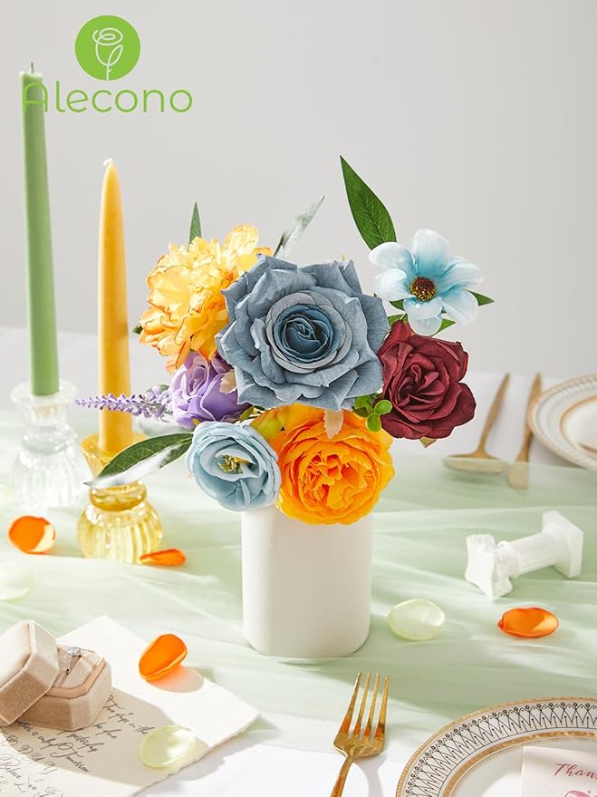 Alecono Artificial Flowers, Colorful Combo Silk Fake Flowers with Stems for DIY Wedding Bridal Bouquets, Floral Arrangement Home Cake Decor