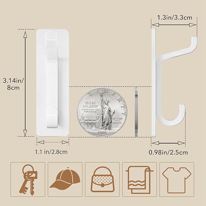 pickpiff Wall Hooks for Coat and Towel: 13LB Adhesive Door Hanger Stick on, White 6 Pack