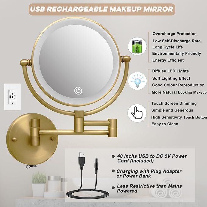 Wall Mounted Makeup Mirror with Lights and 10X Magnification, 8" Rechargeable Double Sided Magnifying Touch Dimmable Extended Arm 360 Rotation, Foldable Vanity Mirror for Bathroom, Antique Brass