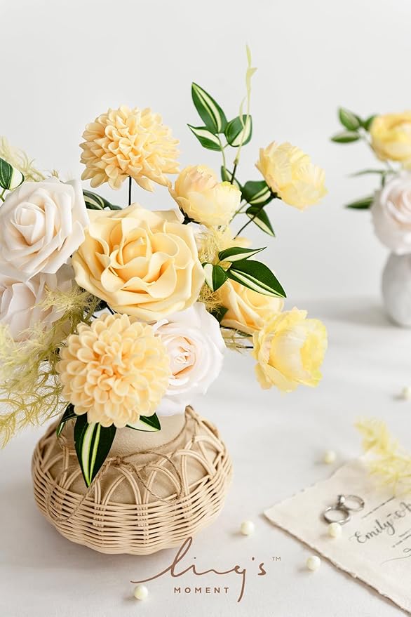 Ling's Moment Artificial Flowers Fake Silk Roses Faux Foam Dahlia Combo for DIY Wedding Bouquets Centerpieces Arrangements Bridal Shower Party Home Decorations, Creamy Yellow & Cream, 24pcs