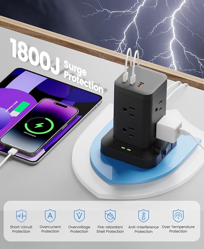 Power Strip Tower with Surge Protector 1800J, Fast Charging Tower PD20W USB-C Ports with 8 AC Outlets, 6ft Extension Cord for Home Office Dorm Room, Black