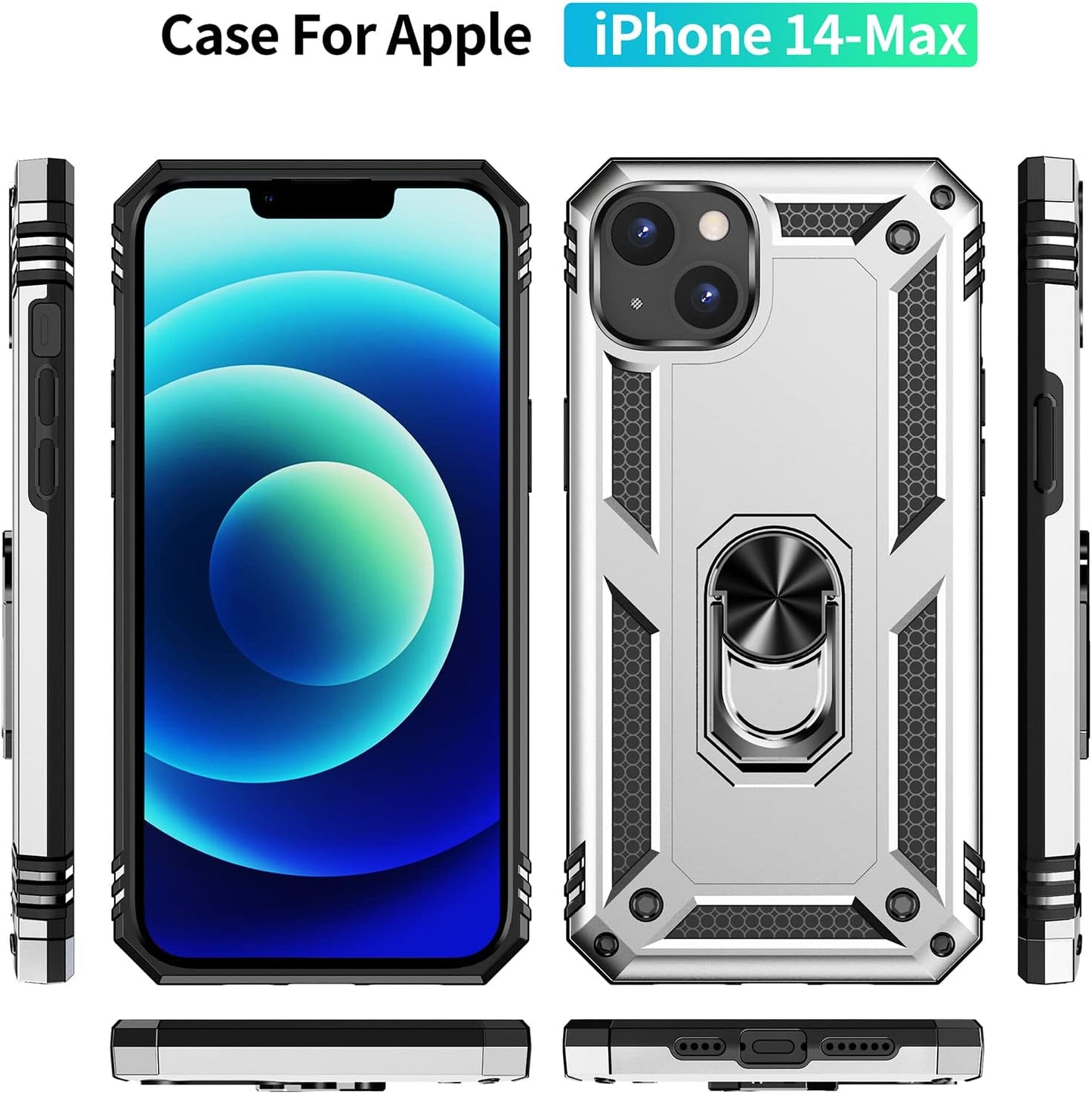 Military Grade Drop Impact Case for iPhone 14 Plus, 360 Metal Rotating Ring Kickstand Holder Armor Heavy Duty
