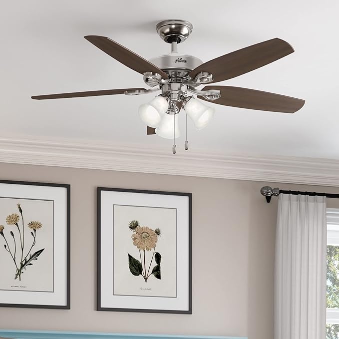 Hunter 52 inch Indoor Ceiling Fan with LED Lights - Ceiling Fan with Pull Chain, For Bedroom or Living Room, Standard Mount, No Remote, 5 Blades, Includes Bulbs - Builder Plus 53237, Brushed Nickel