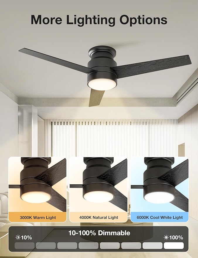 warmiplanet Flush Mount Ceiling Fan with Lights Remote Control, 52-Inch, Black, 3-Blades