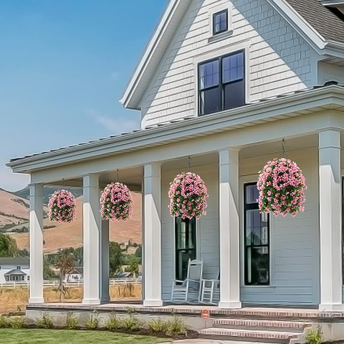 INQCMY Artificial Hanging Flowers in Basket for Spring Summer Patio Garden Decoration,UV Resistant Fake Silk Violet in Planter Realistic for Outside Home Porch Balcony Yard Decor(Pink)
