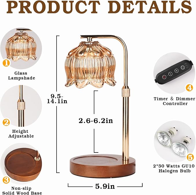 Candle Warmer Lamp with Timer, Christmas Birthday Gifts for Women Mom, House Warming New Home Room Decor, Height Adjustable Candle Heater Lamps for Jar Scented Candles with 2 Bulbs