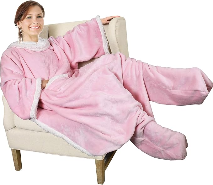 Catalonia Sherpa Wearable Blanket with Sleeves & Foot Pockets for Adult Women Men, Comfy Snuggly Wrap Sleeved Throw Blanket Robe, Gift Idea, Pink