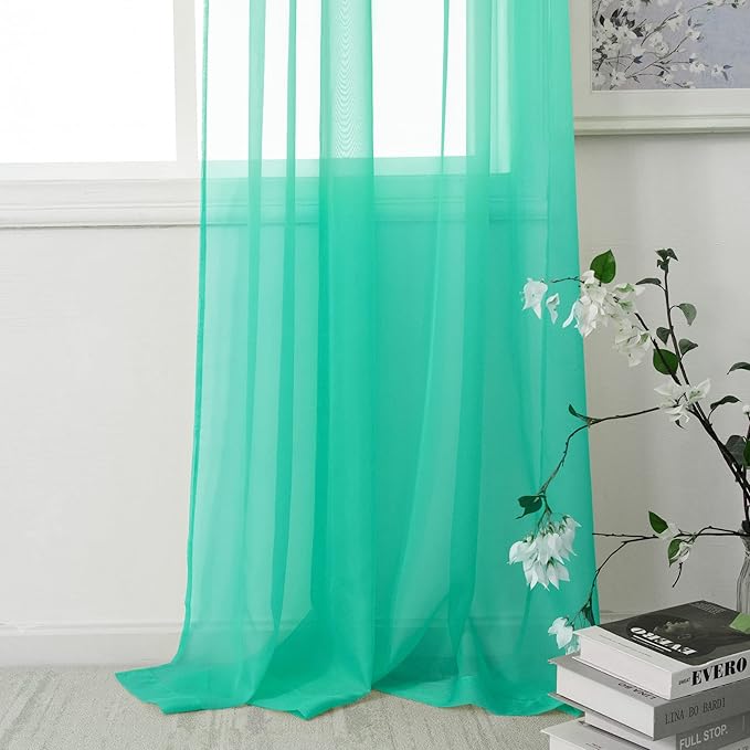 HUTO Window Sheer Turquoise Curtains for Bedroom Rod Pocket Voile Sheer Drapes for Living Room 2 Panels Curtains Each is 52 inches Wide by 63 inches Long