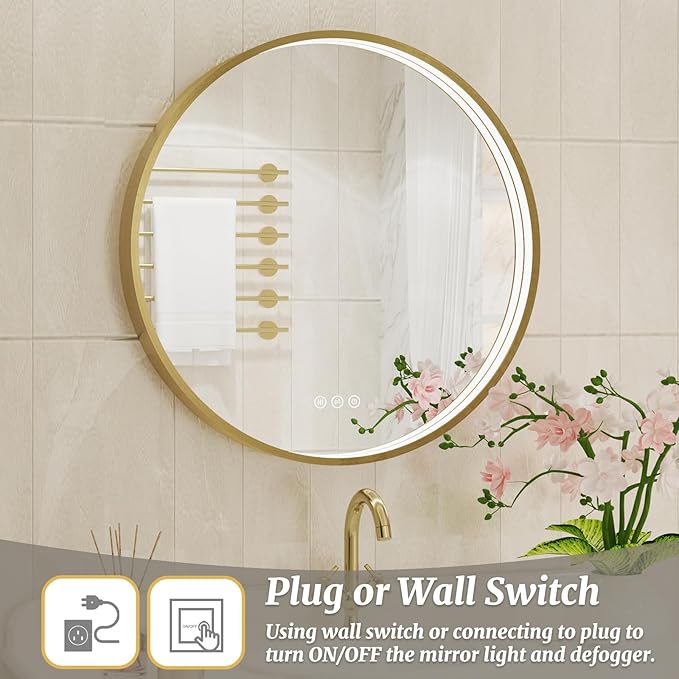 24 Inch Round LED Bathroom Mirror, Gold Metal Framed Lighted Mirror for Bathroom, Wall Mouted LED Vanity Mirror with Lights, 3 Colors and Stepless Dimmable, Anti-Fog, Memory