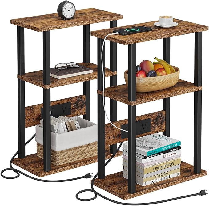 Narrow Side Table with Charging Station, 2 Set Skinny End Tables for Small Spaces, Sofa Beside-Table with Storage Shelf, Slim Nightstand with USB Ports Outlet, Couch Tables Rustic Brown UTBT003F2