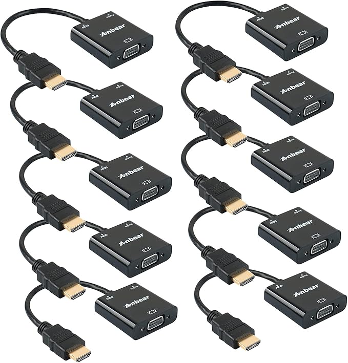 HDMI to VGA Adapter with Audio(10 Pack), Gold-Plated VGA to HDMI Adapter (Male to Female) Compatible for Computer, Desktop, Laptop, PC, Monitor, Projector, HDTV, Chromebook,Roku, Xbox and More