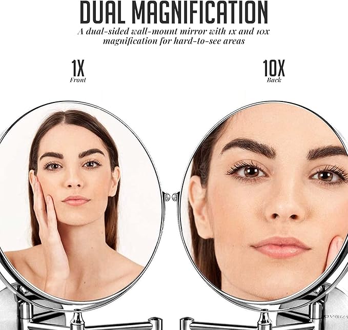 OVENTE 9" Wall Mounted Makeup Mirror with 1X/10X Magnification, Double Sided Magnifying Round Bathroom Vanity Mirror, 360° Swivel Design, Extendable and Folding Arm, Polished Chrome MNLFW90CH1X10X