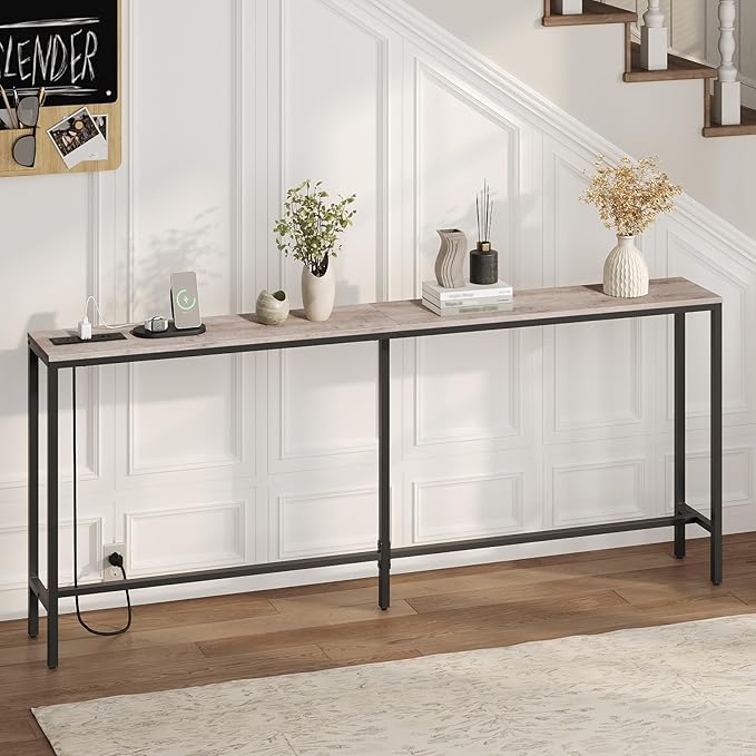 78.7" Console Table with Power Outlet, 11.8" Wide Narrow Sofa Table, Industrial Entryway Table with USB Ports, Behind Couch for Entryway, Hallway, Foyer, Living Room, Greige CTHG320E01