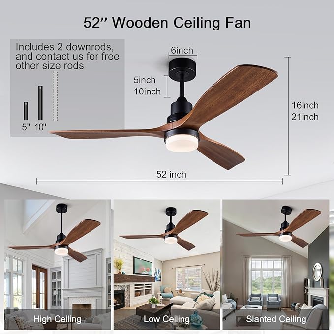 BOJUE 52 Inch Ceiling Fans with Lights and Remote Control, Outdoor Ceiling Fans for Patios; Black Ceiling Fan with Light for Bedroom Living Room, Solid Wood, 3CCT Dimmable, Memory Function
