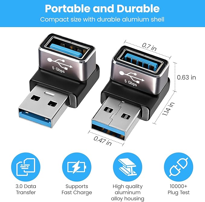 90 Degree USB 3.0 Adapter, Right Angle USB A Male to Female, 2-Pack on to go (OTG), 5Gbps Data Sync, Black, for PC, Laptop, Mouse, Keyboard