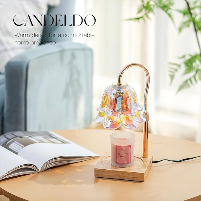 Candle Warmer Lamp with Timer: Iridescent Flower Candle Warming Lamp with 2 Bulbs Height Adjustable Wax Warmer Dimmable Home Decor Mom Birthday Gift for Women