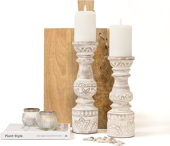 Kurrajong Farmhouse Candle Holders - Boho Set of 2 Tall Candle Stands | Decorative Wood 10" and 12" high | White Washed Candle Holders for Pillar Candles