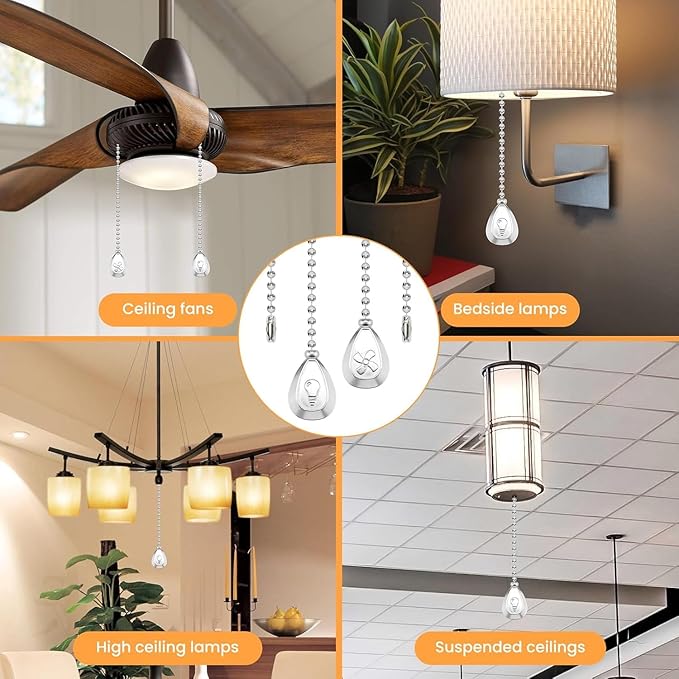 Vinaco Silver Ceiling Fan Pull Chain Set, Decorative Fan Pull Chain Extension with Pendant, 12 Inches Pull-Chains for Fans and Lights with 3MM Ball Bead Chain, 4 Pack Fan Light Pull-Chain Extension
