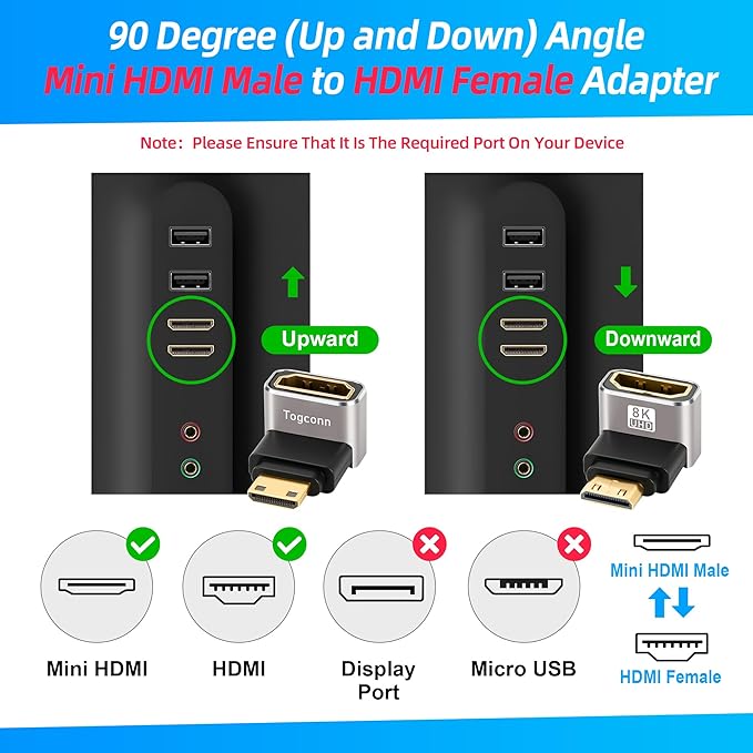 HDMI to Mini HDMI Adapter 5 Pack, Multi-Angle (UP/Down/Left/Right/Straight) HDMI (Female) to Mini HDMI (Male) Connector Converter Extender Support 8K@60Hz, 4K@120Hz for Camera, Monitor, Raspberry Pi