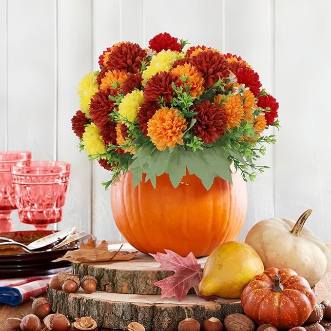 12 Pack with 84 Flower Heads Artificial Chrysanthemum Flowers, Fall Floral Decor for Indoor Outdoor, Porch, Patio, Front Yard, Planters, Thanksgiving