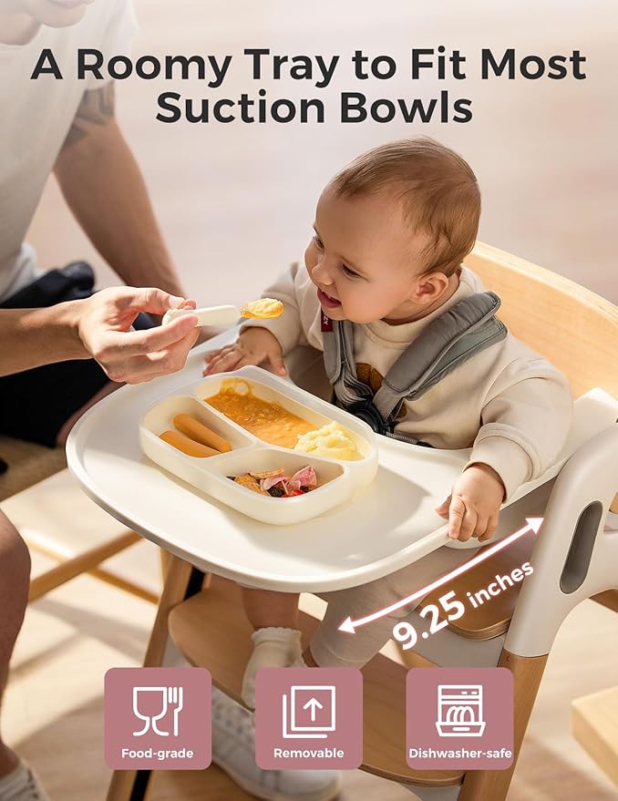 Momcozy DinerPal Wooden High Chair for Babies, Toddlers & Adults Up to 308 Lbs, Convertible Baby Highchair with Food-Grade Tray, Dishwasher-Safe, Adjustable & Ergonomic, Natural Wood