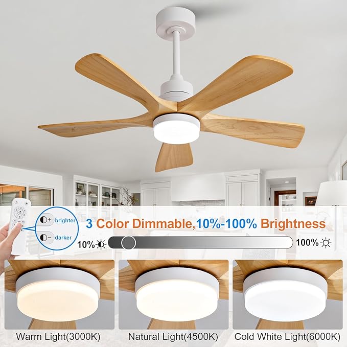 BOJUE 42 Inch Outdoor Ceiling Fans with Lights and Remote Control, Dimmable 5 Blade Wood Outdoor Ceiling Fans for Patios, White Natural Wood Bedroom Ceiling Fan with Lights, Noiseless DC Motor