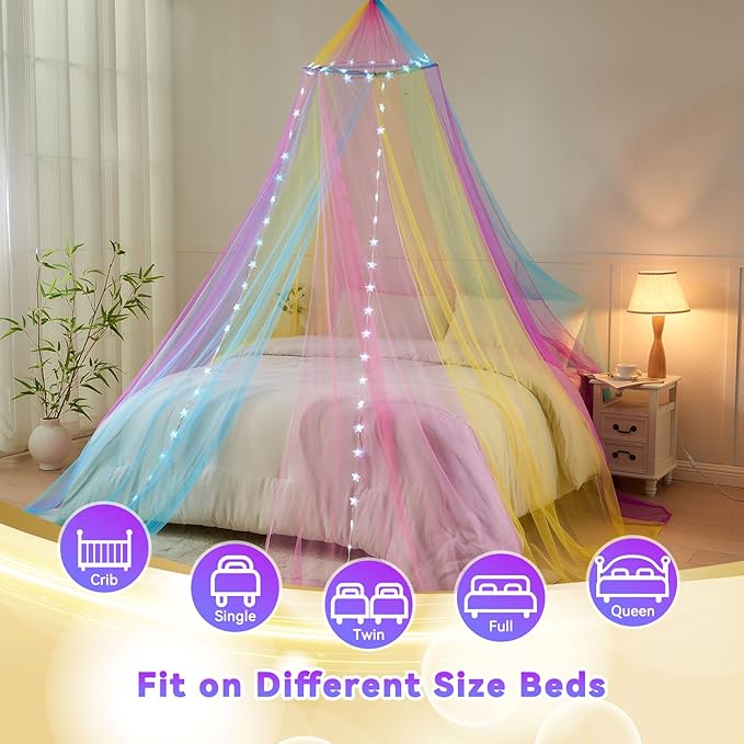 Obrecis Rainbow Bed Canopy for Girls, Princess Canopy Bed Curtains with 24 Colors Star Lights,Twin Bed Canopy Fits Single, Twin, Full, Queen Size Kids Bed
