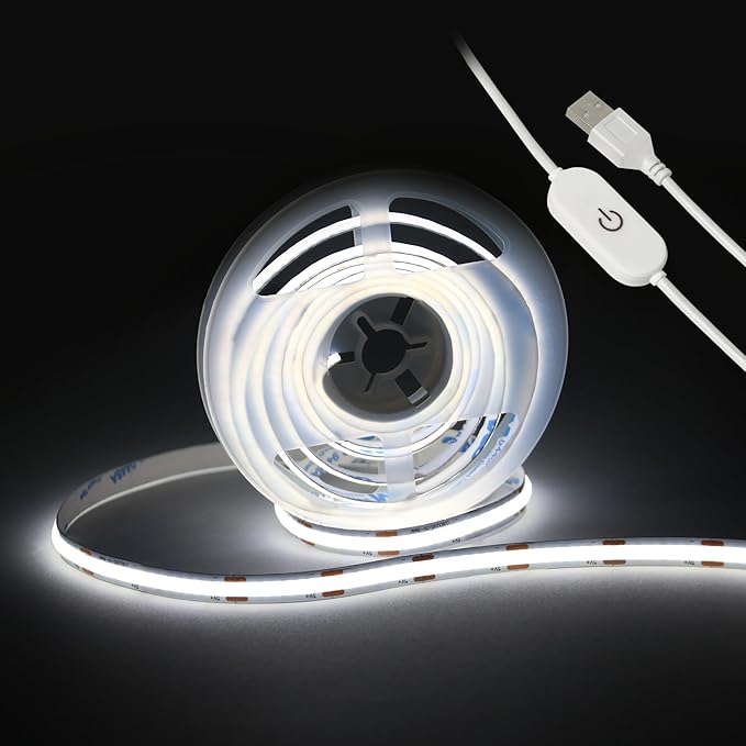 Led Strip Lights 5V USB 6.56ft/2m 640 LEDs Touch stepless Dimmable USB COB LED Strip Light 6000K White 10W Flexible 5v led Lights for Bedroom Kitchen,DIY Lighting Room Decor tv led Lights