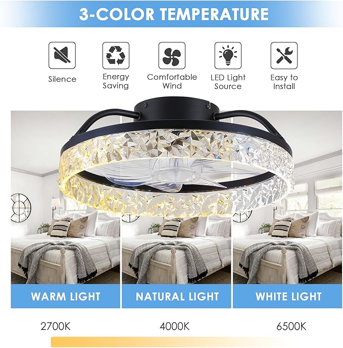 Ceiling Fans with Lights and Remote/APP Control, Modern Dimmable Low Profile Ceiling Fan, Flush Mount Bladeless Ceiling Fan, 16" Memory Function Forward Reverse and 6 Speeds - Black