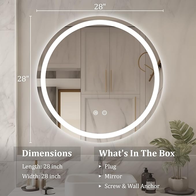 WallBeyond LED Bathroom Mirror with Lights, 28'' Round Light Up Bathroom Mirror for Wall with Front and Backlit, Anti Fog Led Mirror for Bathroom, 3 Colors and Dimmable Light