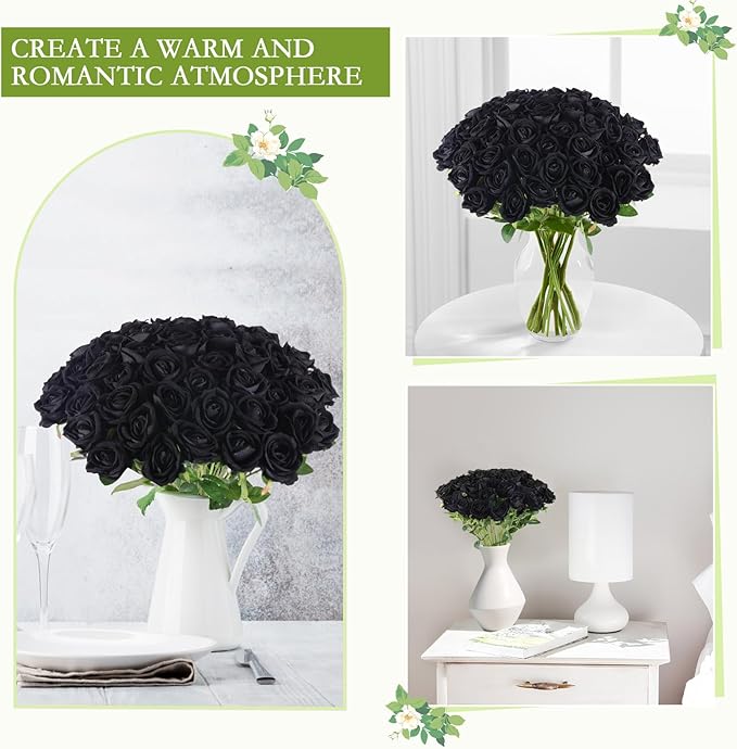 Hananona 50 Pcs Artificial Roses in Bulk, Fake Velvet Silk Roses Realistic Black Roses for Wedding Centerpieces Flower Arrangement Home Decor (50, Black)