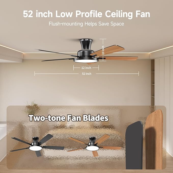 TALOYA Ceiling Fans with Lights and Remote, 52 inch Low Profile Ceiling Fan with Nightlight, Flush Mount, Reversible, 3CCT, Dimmable Black Modern Ceiling Fan for Bedroom, Living Room, Outdoor Patio