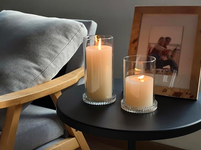 Vixdonos Hurricane Glass Candle Holders Set Pack 2 Serrated Round Candle Stand for Pillar Candles Modern CandleHolders with 5.1" 7.1" Tall Cylinder Chimney Cover for Outdoor Wedding Decor
