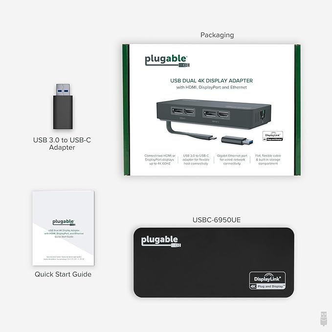 Plugable 4K DisplayPort and HDMI Dual Monitor Adapter for USB 3.0 and USB-C, Compatible with Windows and ChromeOS