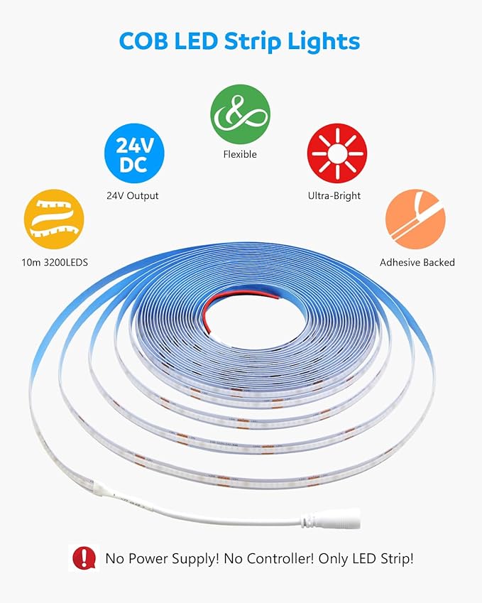 Aclorol 32.8ft Blue Led Strip Lights COB Led Strip Light 24V Flexible LED Tape Light for Bedroom Kitchen Cabinet Closet Other Home Indoor Decor 3200Leds 10M(Power Supply&Dimmer Not Included)