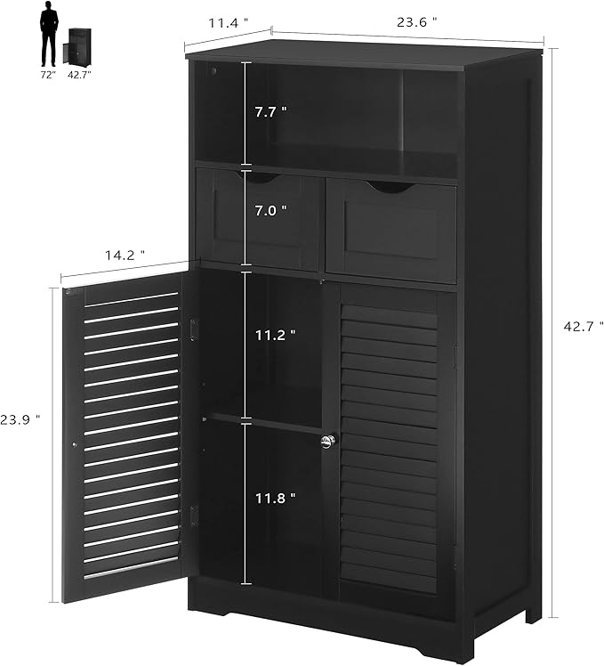 WEENFON Bathroom Storage Cabinet with 2 Drawers & 2 Shutter Doors, Floor Cabinet with Adjustable Shelf, for Living Room, Hallway, Home Office, Black