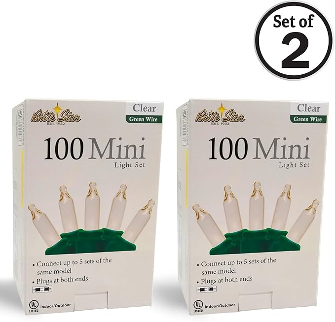 Brite Star 100 Count Mini String Christmas Lights, Clear - 22 feet Indoor/Outdoor Christmas Tree Lights with Green Wire (Set of 2)