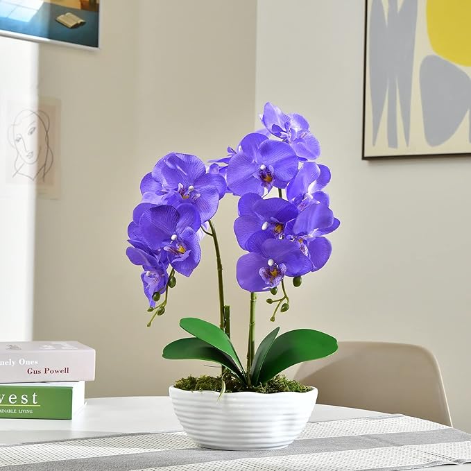 Large Artificial Potted Orchid Plant, Silk Flower Arrangement with Ceramics Vase, Purple