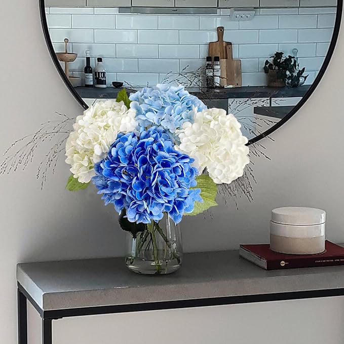 YalzoneMet 4 Pcs Real Touch Hydrangea Artificial Flower Natural Lifelike 21'' Long Stem Latex Hydrangea Flower Gift for Home Party Outdoor Wedding Table Centerpiece Decor 2 White +1 Blue +1 Light Blue