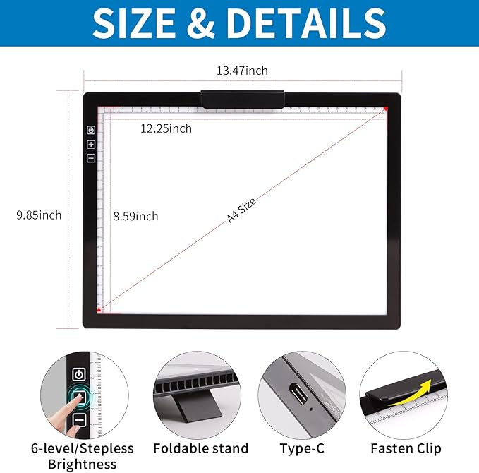 Rechargeable A4 Light Pad with Bag, Innovative Stand and Top Clip, Elice Wireless Bright Light Tracing Board Portable Artcraft Tracer Box for Artists, Drawing, Cricut Weeding Vinyl, Diamond Painting