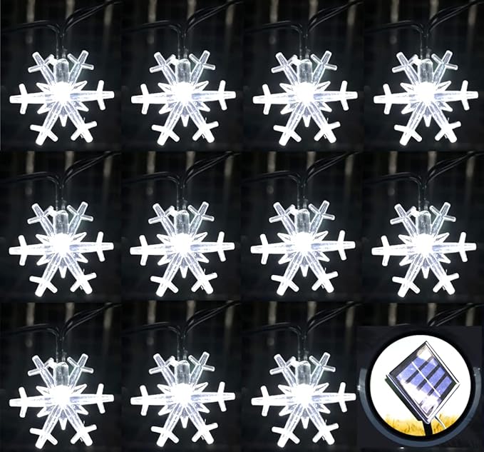 Solar Christmas String Lights Outdoor Waterproof 30 LED 20Feet Solar Snowflake Christmas Fairy Lights Decorations with 8 Lighting Modes for Garden Patio Yard Porch Wedding Party Decor(White)