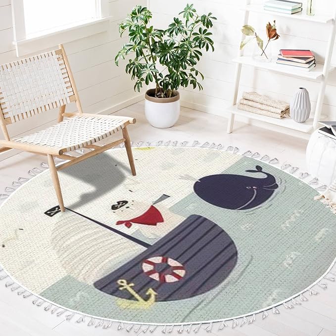 Round Boho Rug Cute Bear Pirate on a Ship Sailboat Whale Gulls Childish sea Ocean Area Rug Linen Rug Carpet Patio Rug Hallway Runner Rug Mat Pad Minimalist Home Decor for Living Room Outdoor