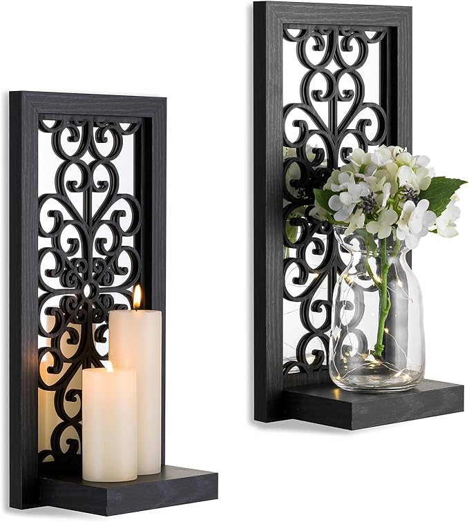 Gothic Candle Sconces Mirror Wall Decor - Black Halloween Art Mirrored Wall Candle Holder Decorative Set of Two Wood Vintage Small Hanging Shelves for Farmhouse Living Room Kitchen Bedroom